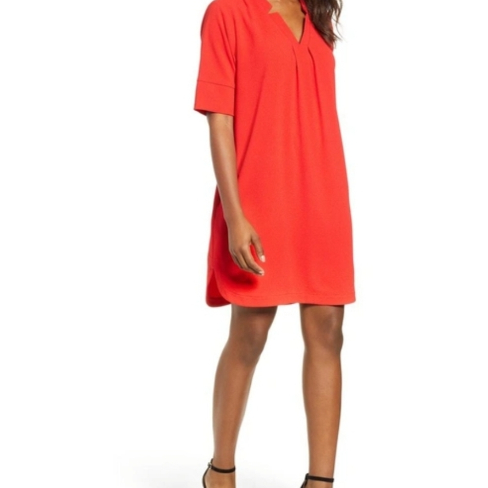 BOBEAU Pleat Front Curved Hem Shirtdress In Red